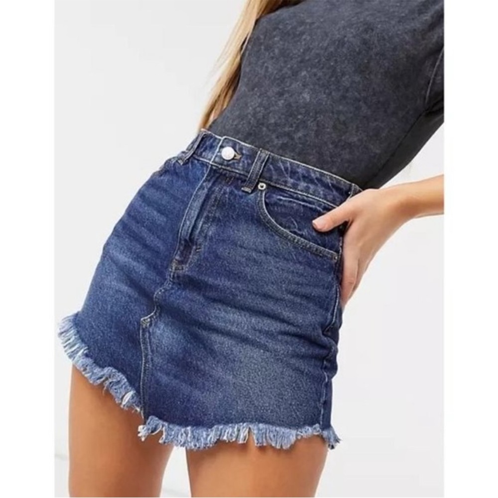 NWT Free People Bailey Fringe Denim Mini Skirt Mountain Blue sz 27